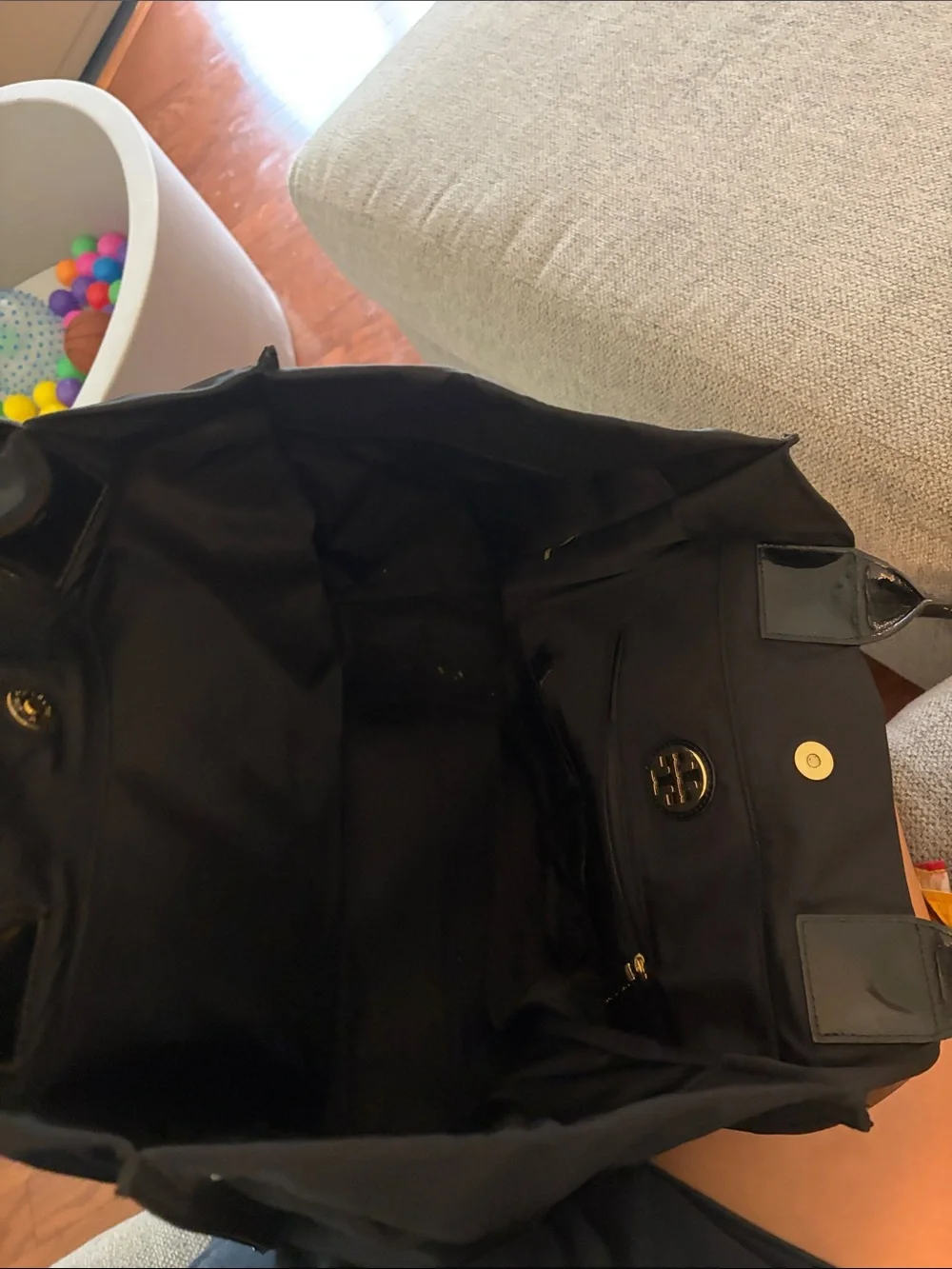 Tory Burch Black Nylon Logo Tote with Patent Trim